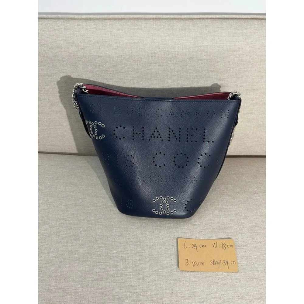 CHANEL Navy Blue Calfskin Deauville Bucket Bag Small SHW - Picture 15 of 16